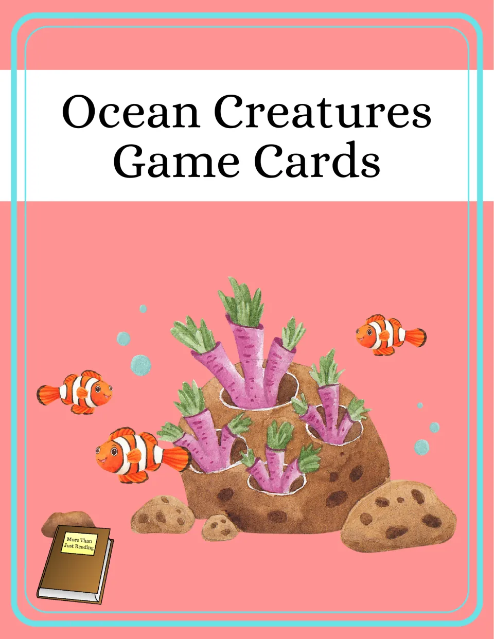 Ocean Creatures Game Cards cover with watercolor clownfish swimming around a purple coral reef rock and bubbles