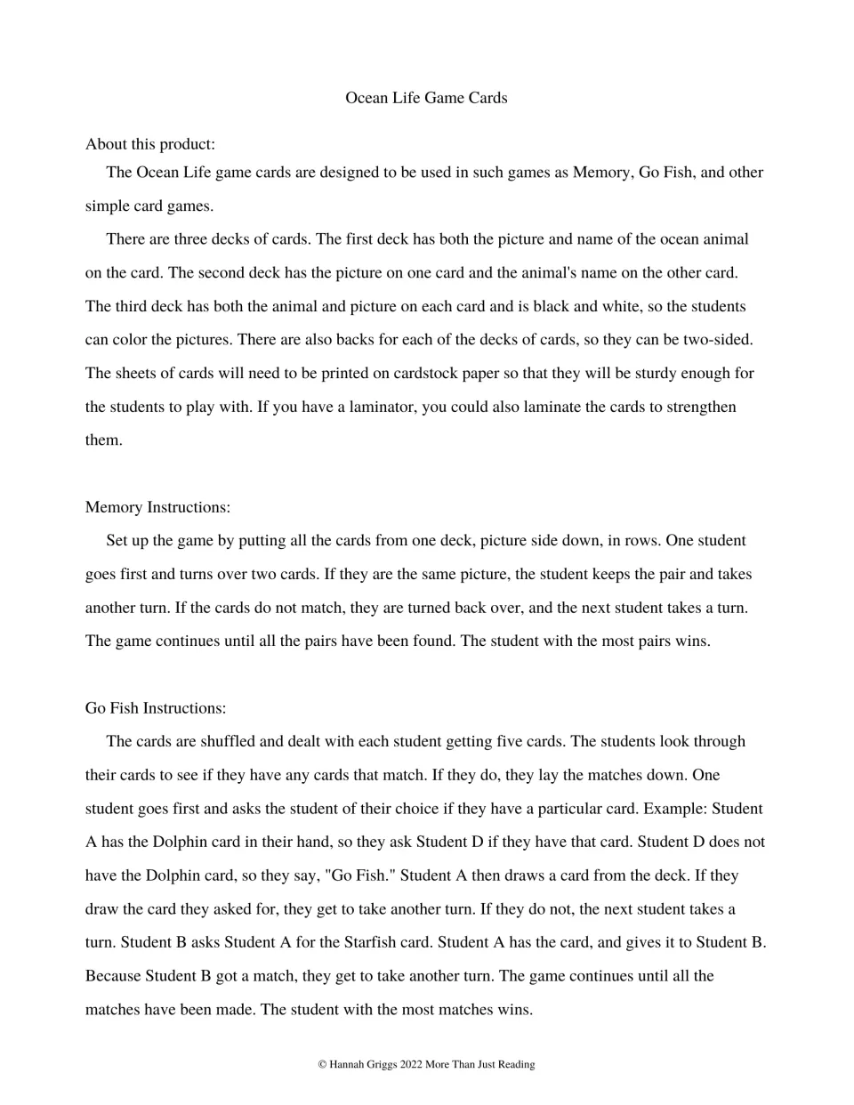 Teacher notes describing three ocean animal card decks, cardstock printing tips, and step-by-step Memory and Go Fish rules