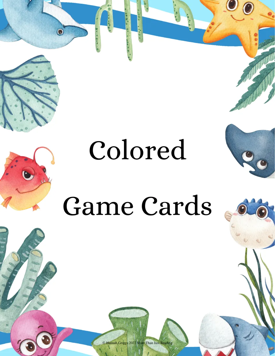 Colored Game Cards section title framed by watercolor sea creatures such as a starfish, pufferfish, shark and octopus