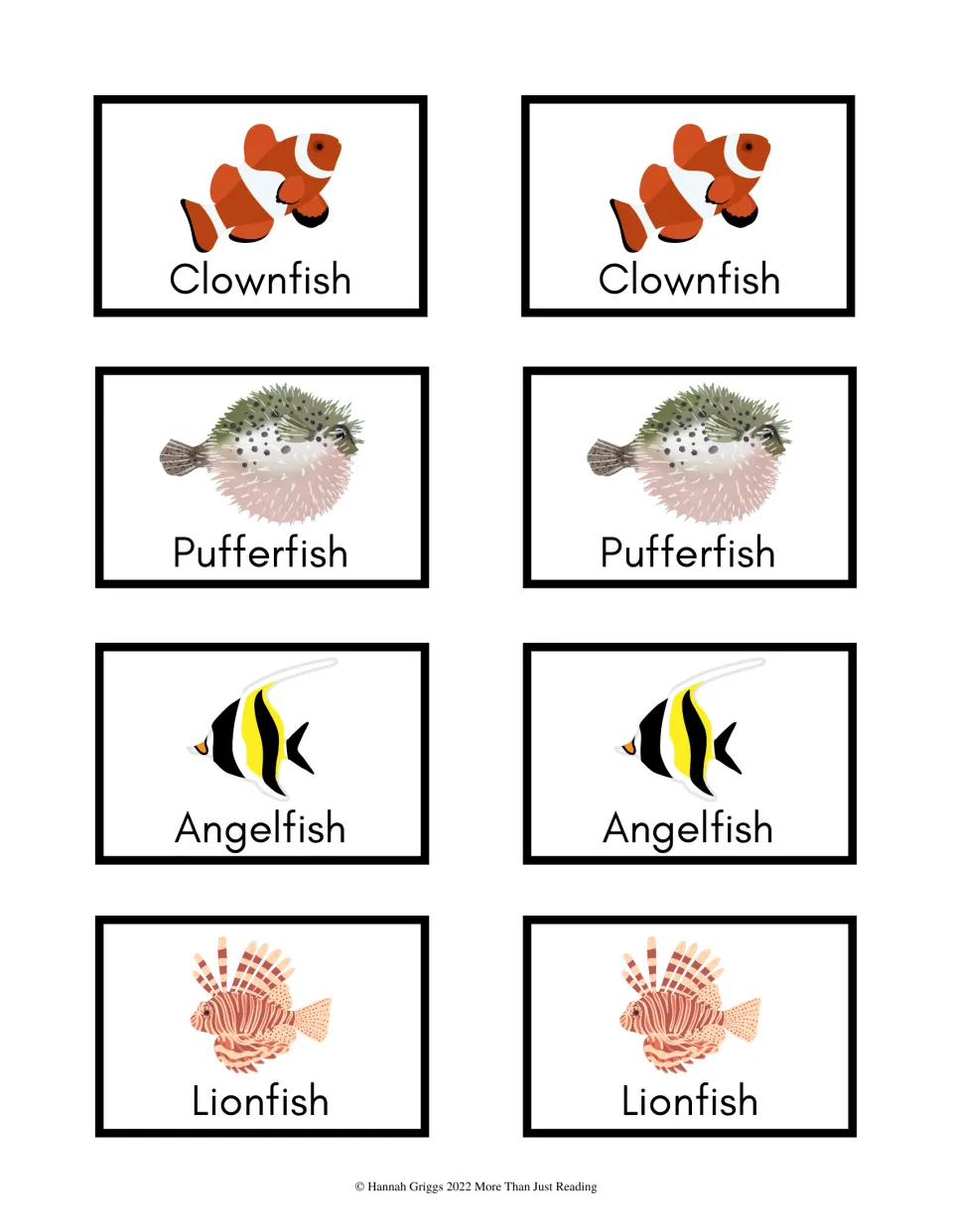 Tropical fish matching pairs: picture cards with names for clownfish, pufferfish, angelfish and lionfish, two of each