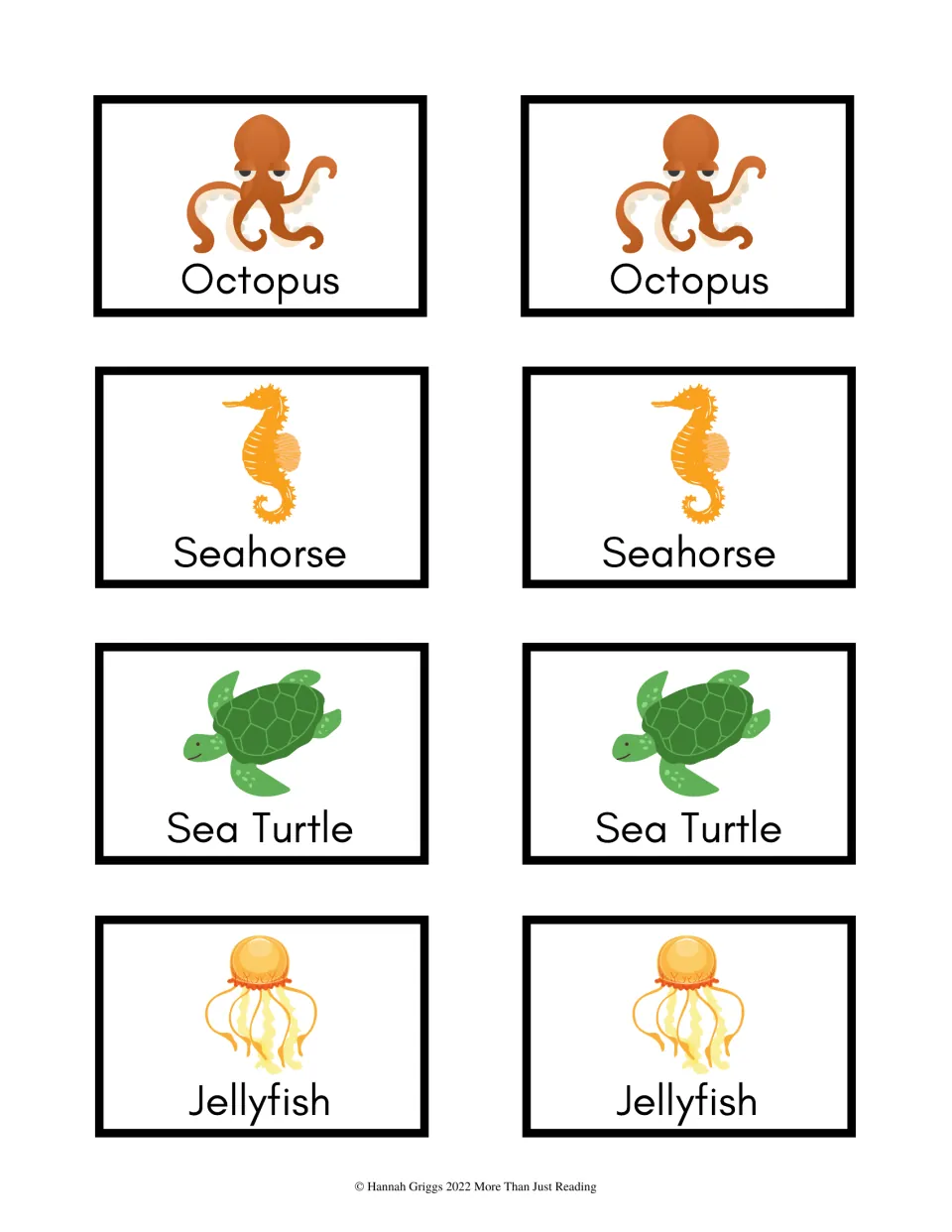 Sea creature pairs for Memory or Go Fish: labeled octopus, seahorse, sea turtle and jellyfish picture cards, two of each