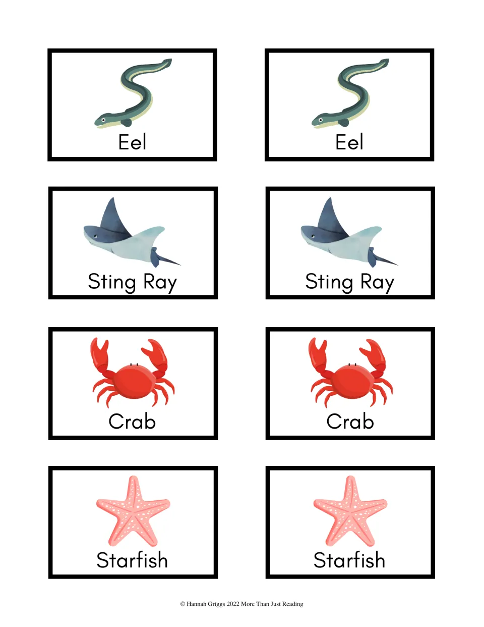 Picture-and-word card pairs for eel, sting ray, crab and starfish, used to match animal names to images in card games