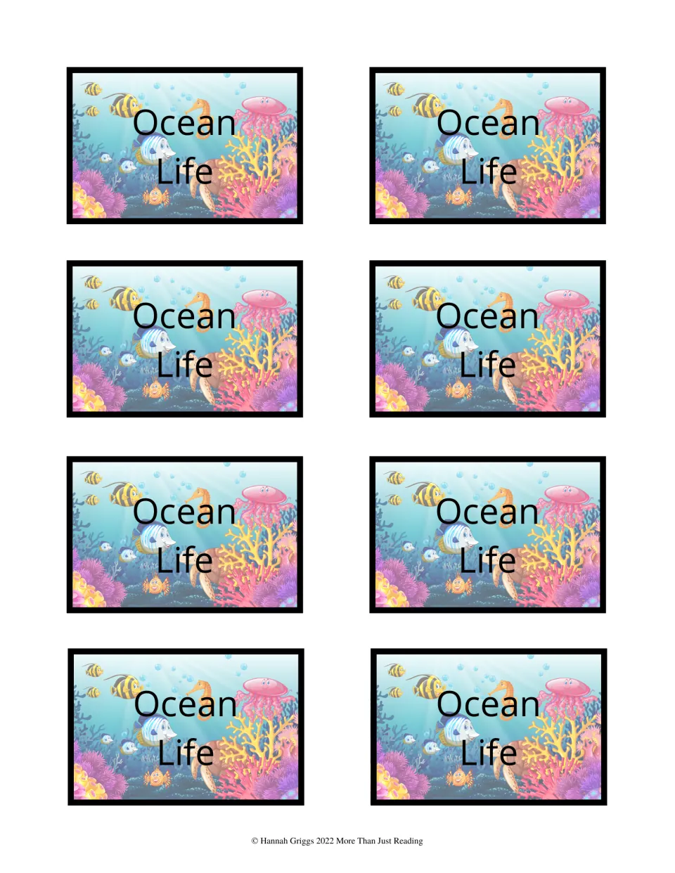 Card backs: eight identical Ocean Life designs with a coral reef scene, fish, seahorse and jellyfish for two-sided printing
