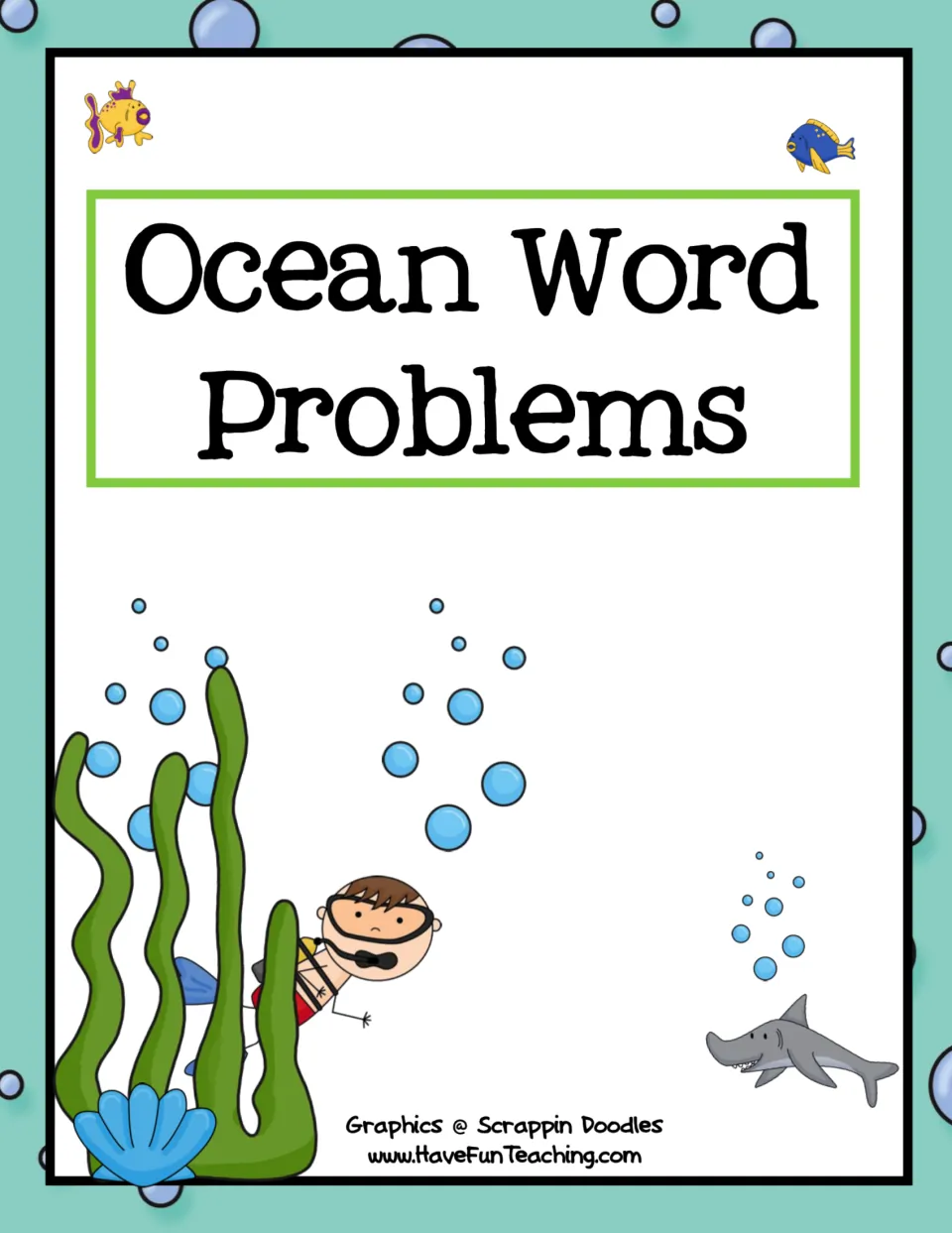 Ocean Word Problems cover: a scuba diver among seaweed, bubbles, a shark, fish and a shell, credited to Have Fun Teaching