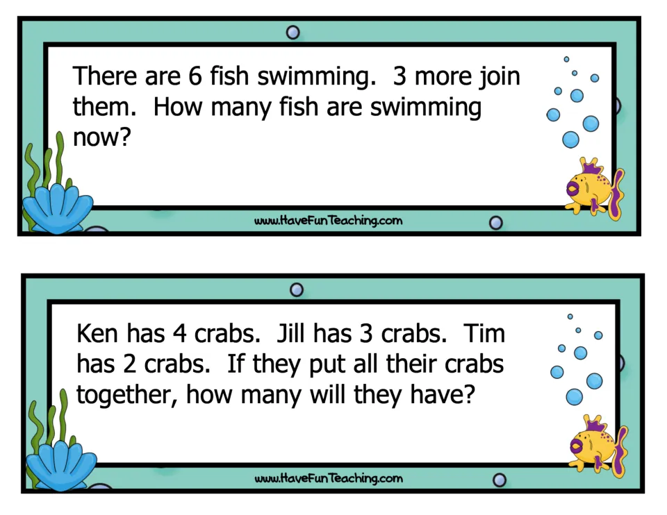 Ocean addition task cards: students solve 6 fish plus 3 more, and add Ken's 4, Jill's 3 and Tim's 2 crabs together