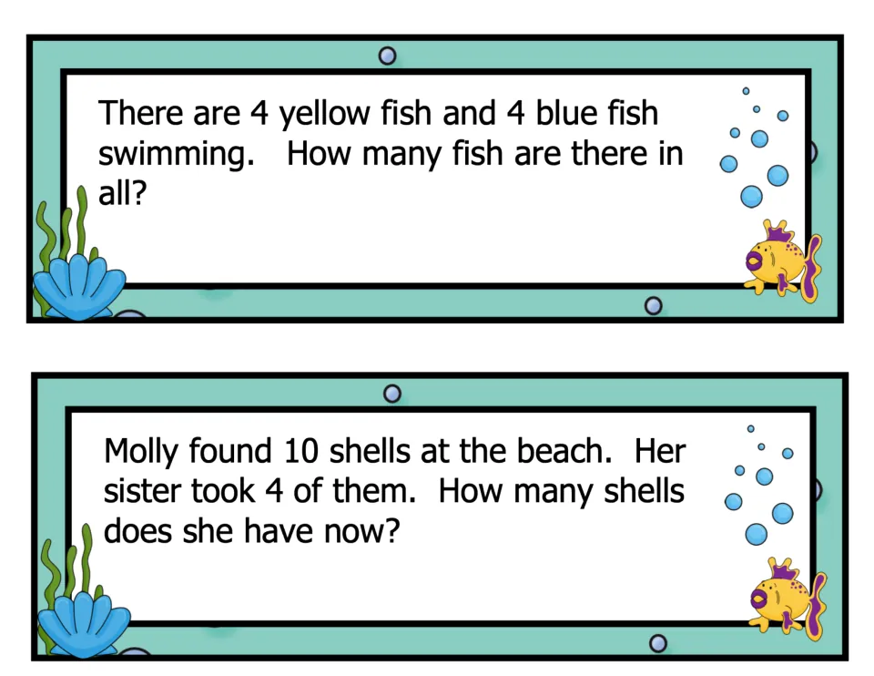Ocean story problem cards: students add 4 yellow and 4 blue fish, then subtract the 4 shells Molly's sister took from 10