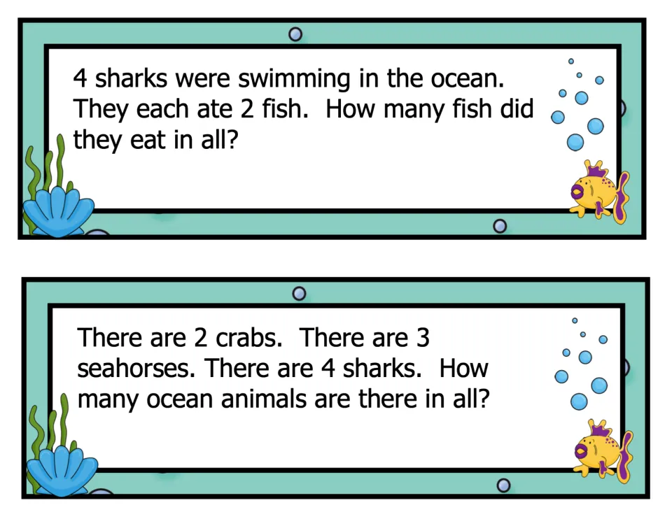 Ocean task cards: 4 sharks each eat 2 fish (repeated addition), and students total 2 crabs, 3 seahorses and 4 sharks