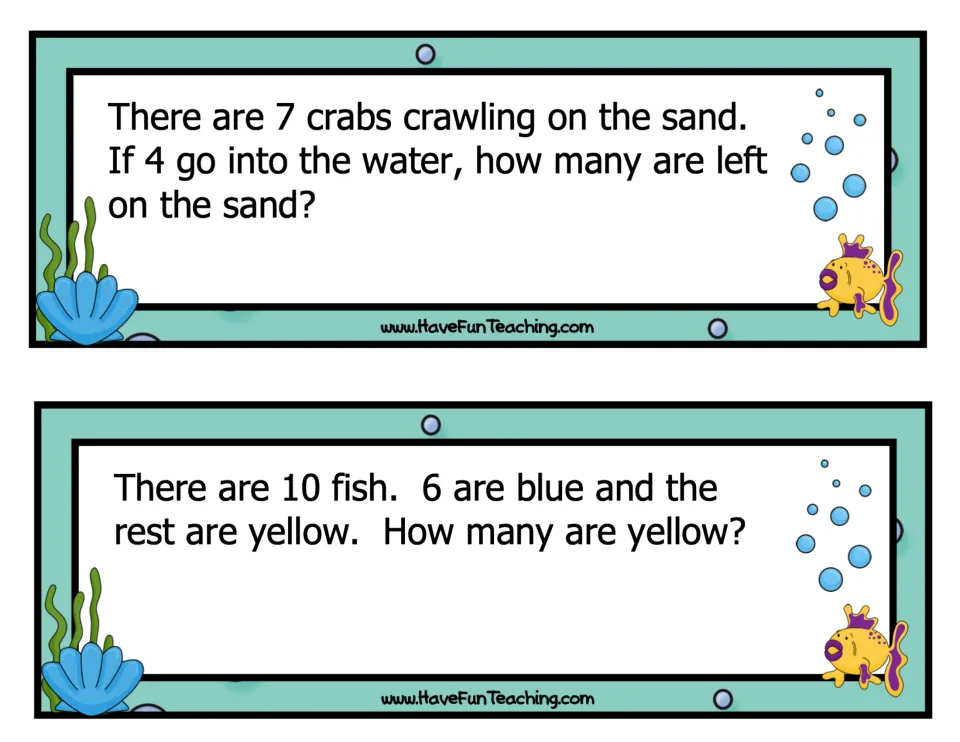 Ocean subtraction cards: 4 of 7 crabs go into the water, and students find how many of 10 fish are yellow if 6 are blue
