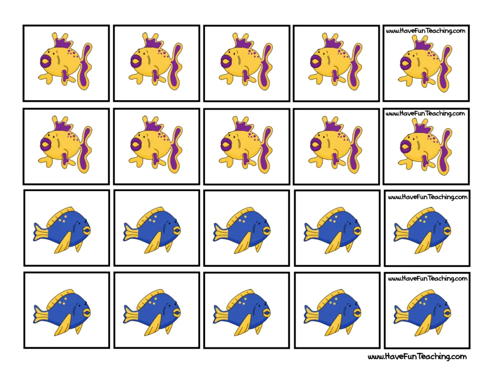 Fish counters to cut out: 10 yellow-and-purple fish and 10 blue fish for acting out the addition and subtraction cards