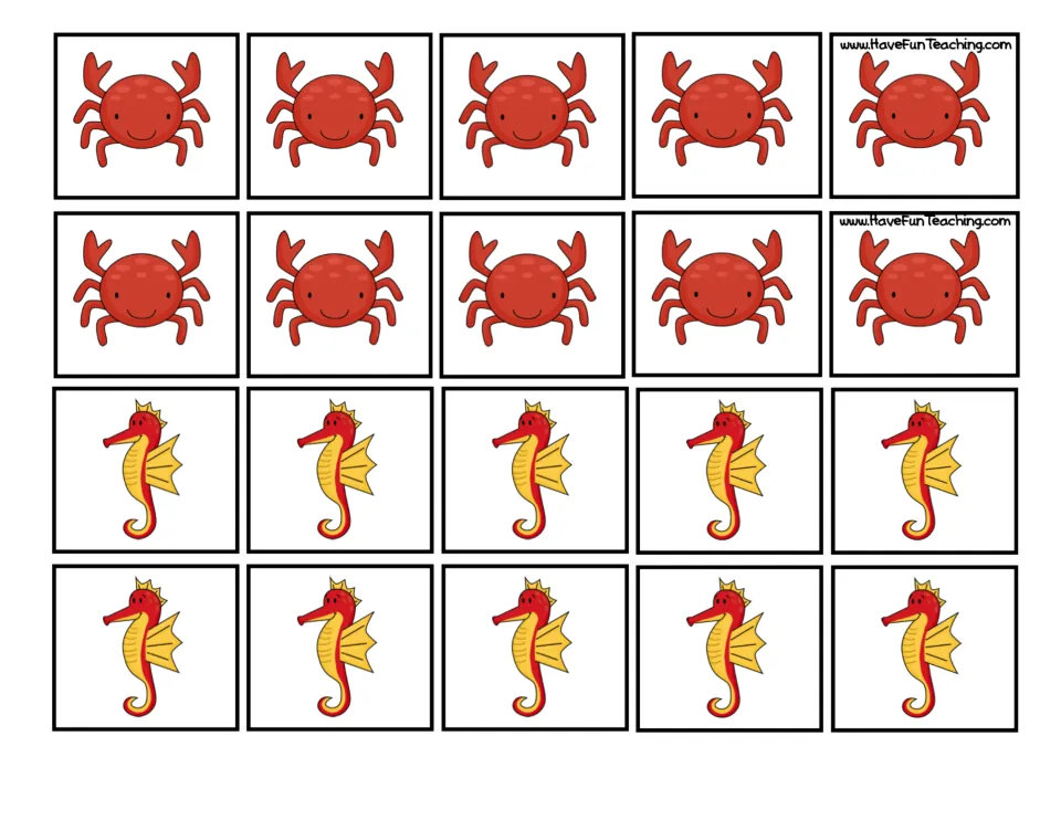 Crab and seahorse counters to cut out: 10 red crabs and 10 seahorses that students move to model each ocean story problem