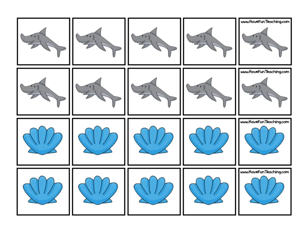 Shark and seashell counters to cut out: 10 gray sharks and 10 blue shells for modeling the shark and shell word problems