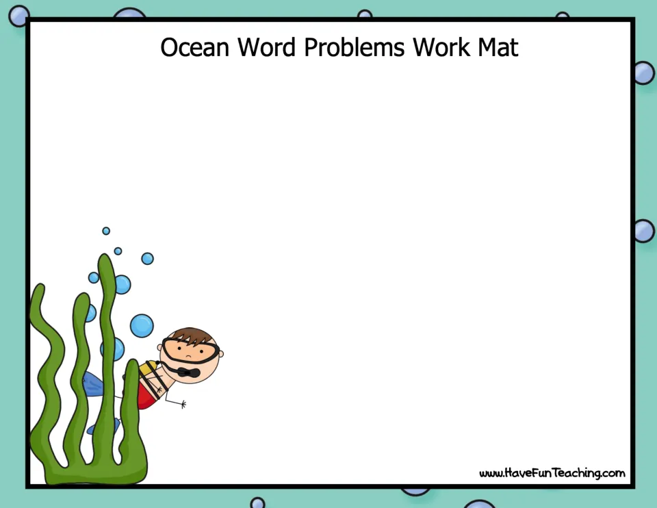 Ocean Word Problems Work Mat: an underwater scene with a diver where students lay out counters to act out each problem