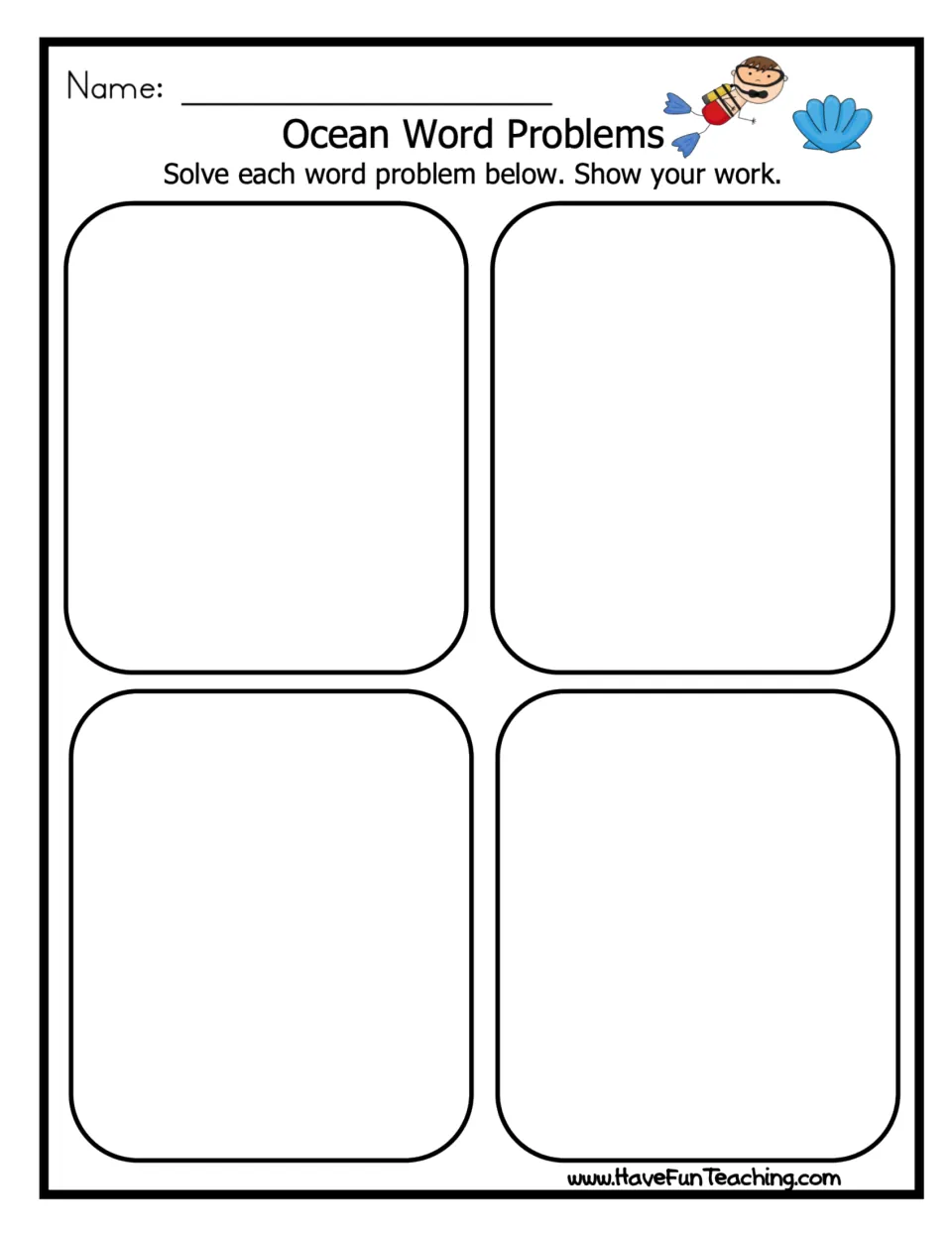 Ocean Word Problems recording sheet: students solve four word problems and show their work, with a name line