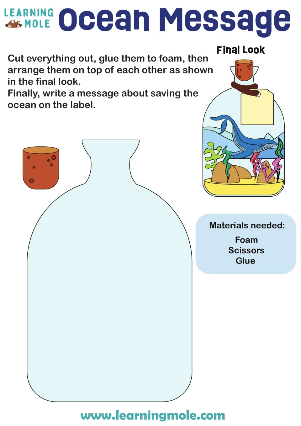 Ocean Message craft: students cut out a bottle and cork, glue them to foam and write a save-the-ocean message on a tag