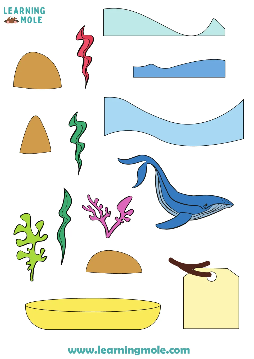 Cut-out pieces for the bottle scene: a blue whale, seaweed, pink coral, rocks, wave strips, a sand base and a tag
