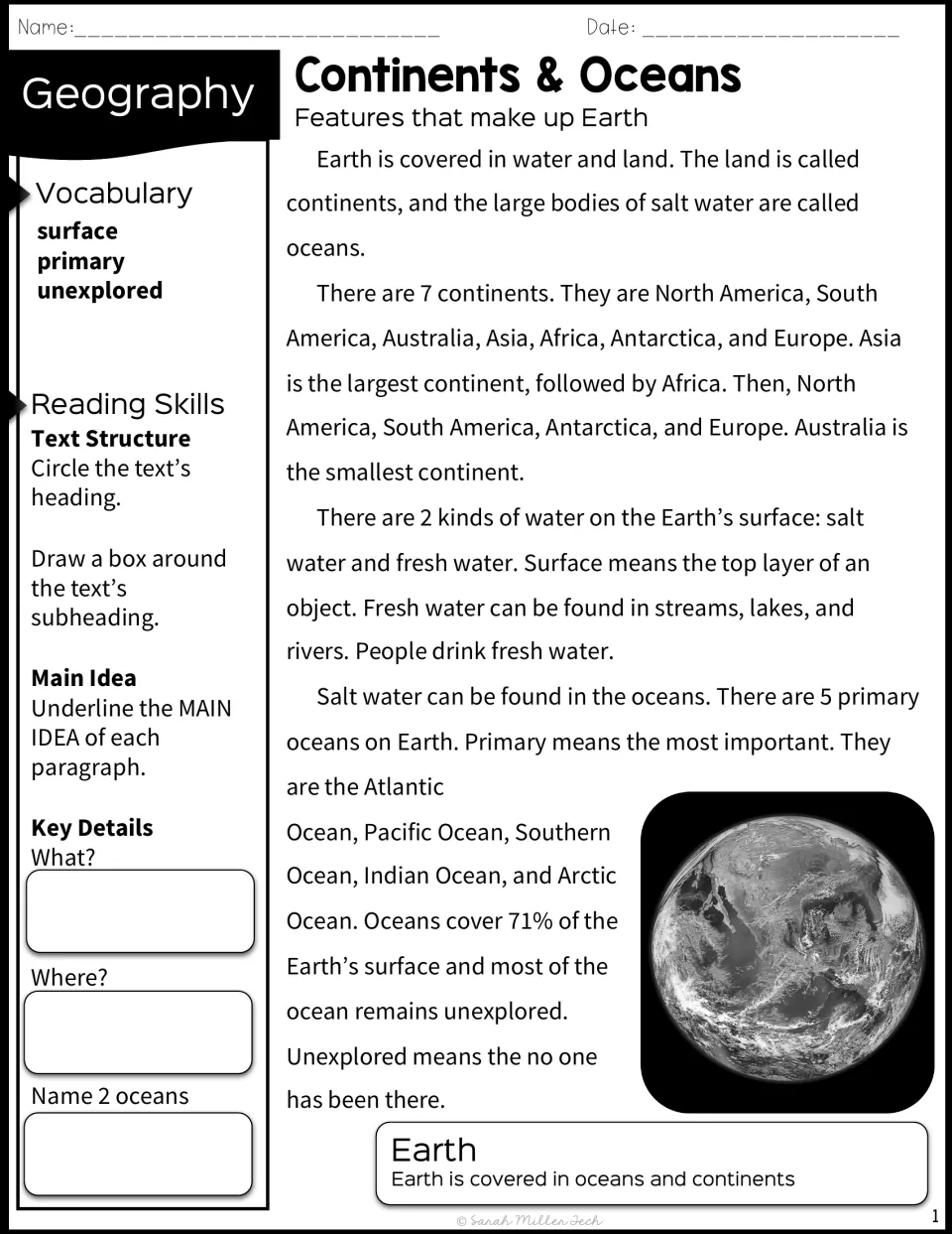Continents and oceans reading passage: students mark heading, subheading and main ideas, then note what, where and 2 oceans