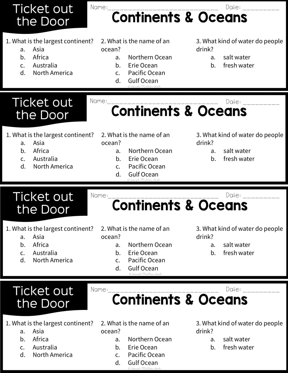 Continents and oceans exit slips: four copies of a 3-question multiple-choice check on largest continent, oceans, fresh water