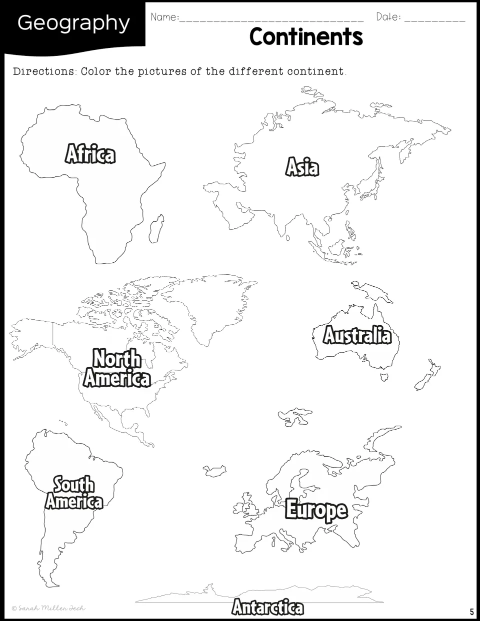 Continents coloring page: students color outline maps of Africa, Asia, North and South America, Australia, Europe, Antarctica