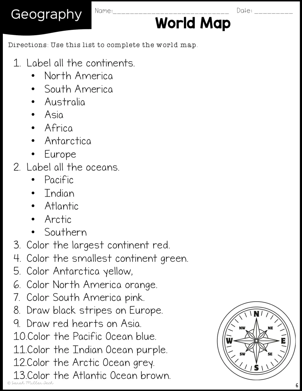 World map directions: students label 7 continents and 5 oceans, then follow 13 color and drawing steps; compass rose shown