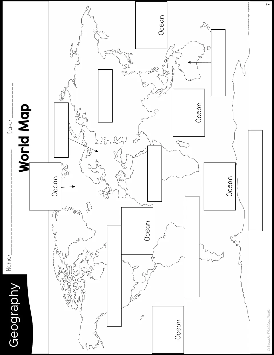 Blank world map labeling: students write continent names at the arrows and add ocean names beside each Ocean label