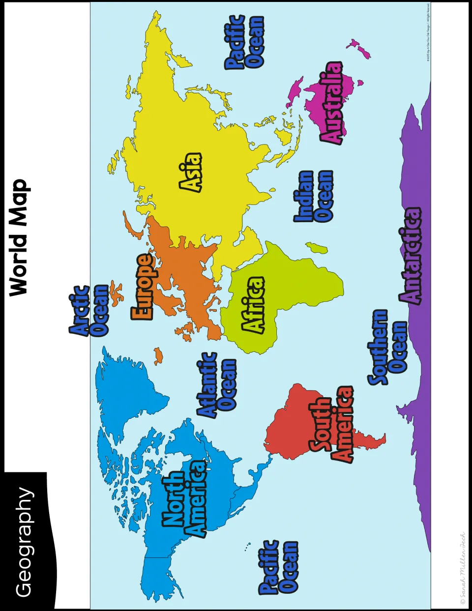World map in color labeling all 7 continents plus the Pacific, Atlantic, Indian, Arctic and Southern oceans