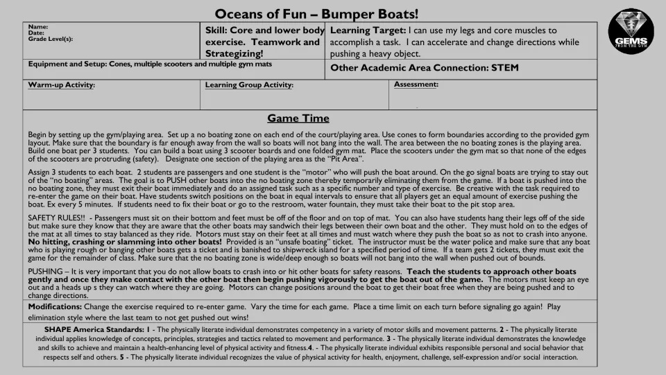 Grayscale lesson plan: Game Time setup, boat roles of 2 passengers and 1 motor, safety rules and game modifications