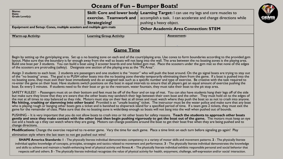 Bumper Boats lesson plan: teams of 3 push scooter-and-mat boats to shove rivals into no-boating zones, with safety rules