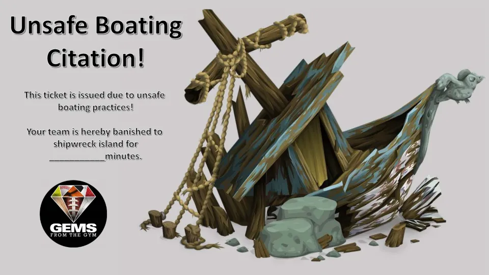Unsafe Boating Citation ticket banishing a rough team to shipwreck island for a write-in number of minutes, shipwreck art