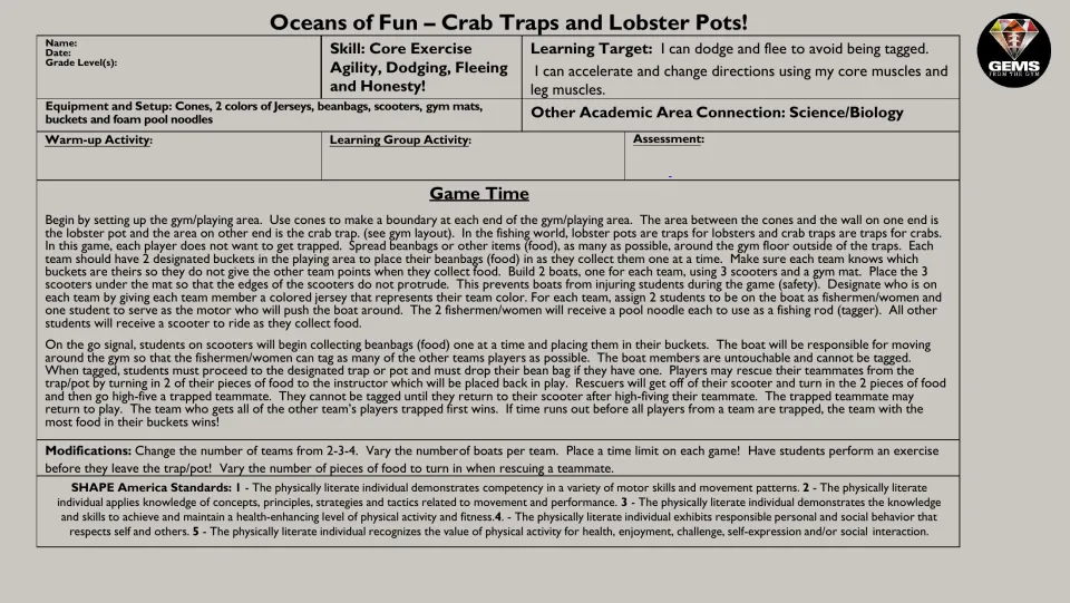 Crab Traps and Lobster Pots lesson plan: scooter players collect beanbag food while boat fishermen tag them with noodles