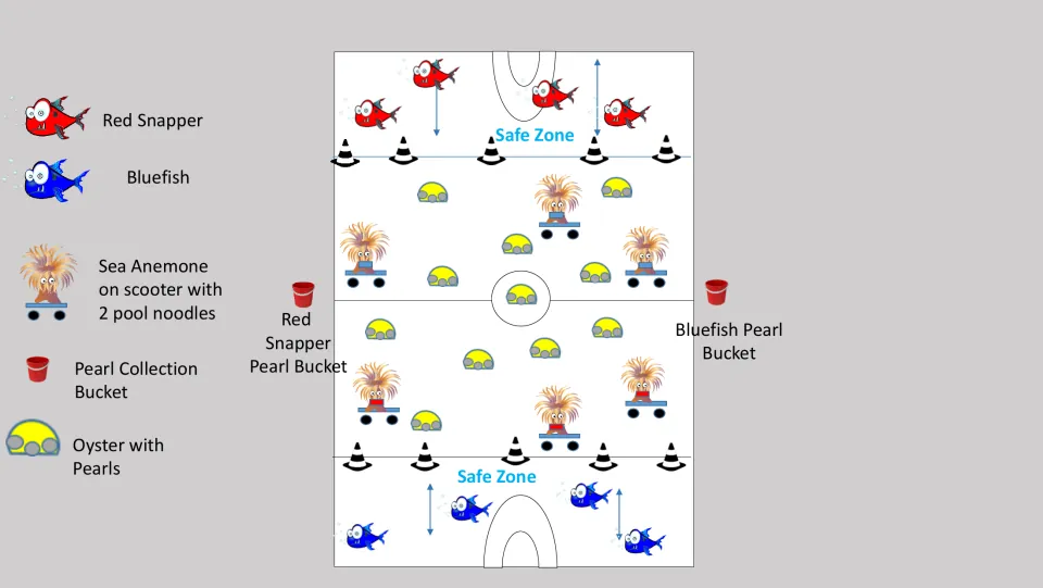 Pearl Party gym layout: red snapper and bluefish in safe zones, sea anemones on scooters among oysters, team pearl buckets