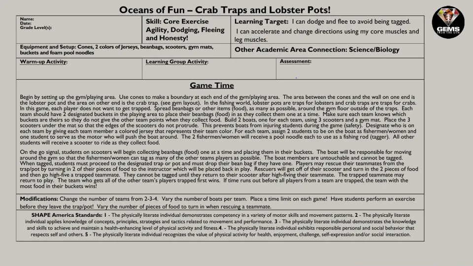 Scooter tag game lesson: equipment, crab trap and lobster pot rules, teammate rescues, and modifications