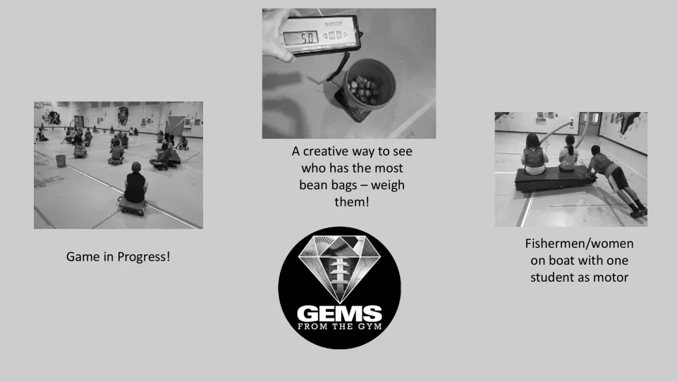 Grayscale game photos repeat scooter play, beanbag weighing, and the fishing boat pushed by a student