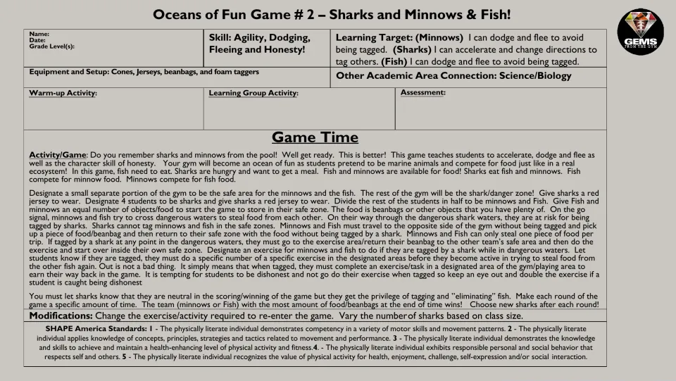 Oceans of Fun Game 2 lesson plan: sharks tag while minnows and fish dodge to steal beanbag food across the gym