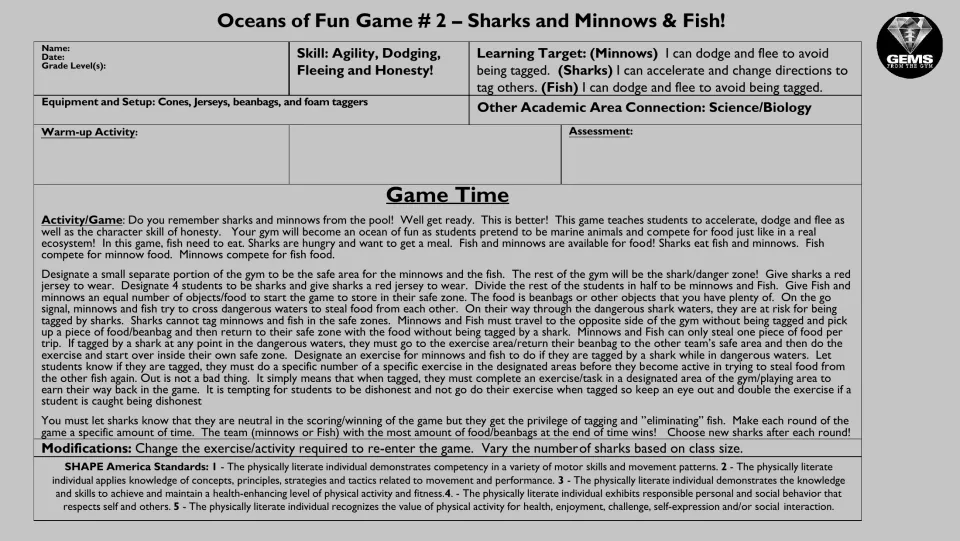 Printer-friendly grayscale copy of the Game 2 plan: agility, dodging, fleeing and honesty with rules and modifications