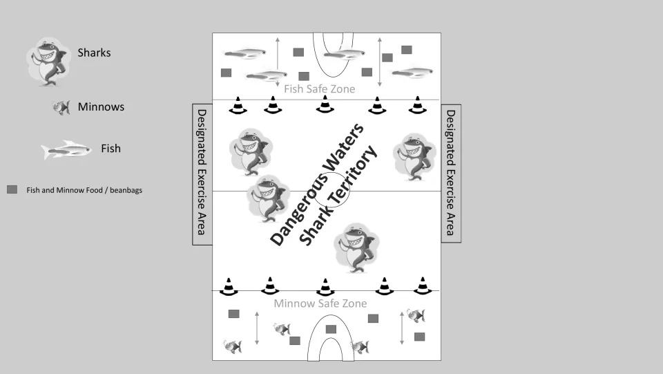 Grayscale gym layout: Dangerous Waters Shark Territory between cone lines, safe zones at each end, exercise areas