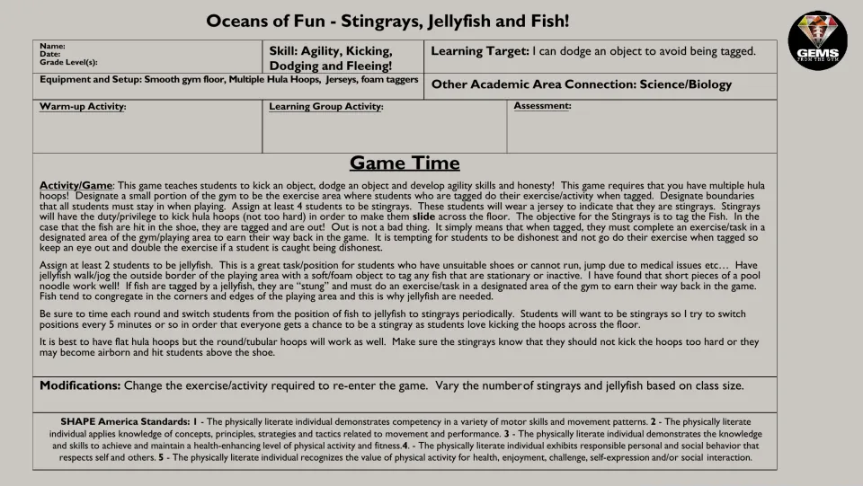 PE game lesson plan: stingrays kick hula hoops to tag fish, while jellyfish tag fish along the boundary.