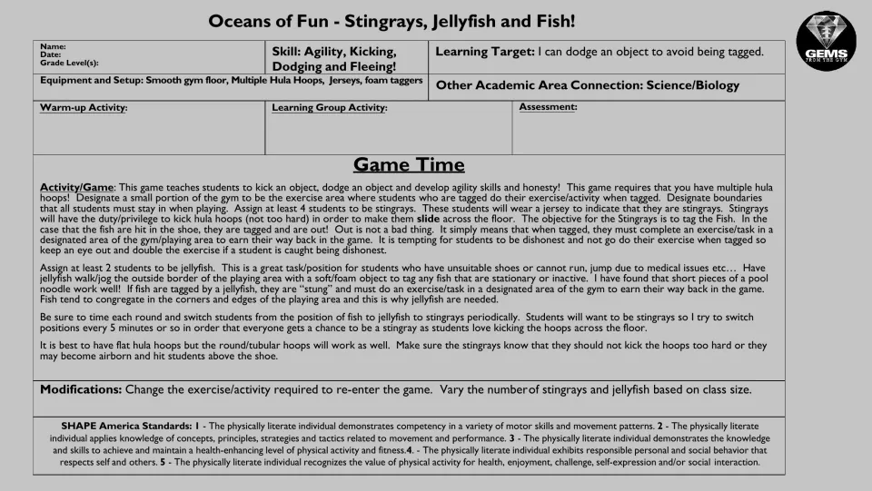 Grayscale PE lesson plan repeats the stingray, jellyfish, and fish game rules, equipment, and modifications.