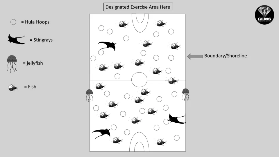 Grayscale PE game diagram repeats the hula hoop and animal positions, shoreline, and designated exercise area.
