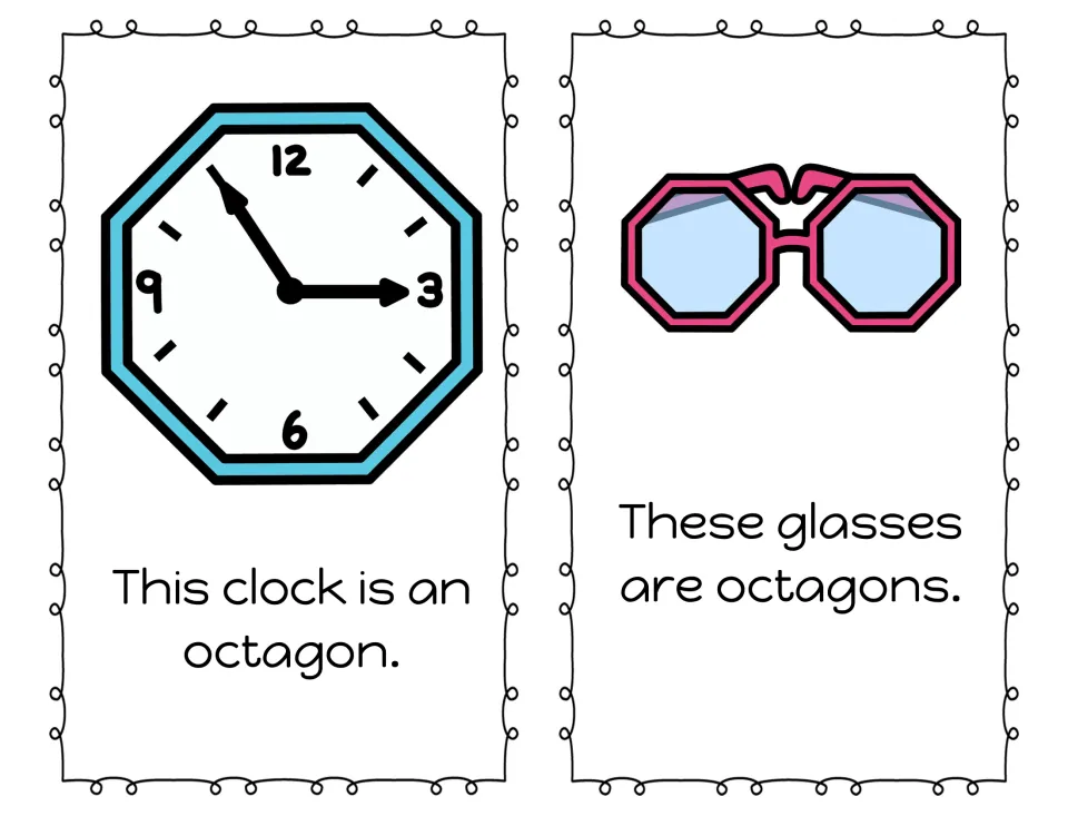 Octagons in everyday life: an eight-sided clock and a pair of glasses, each with a short sentence naming it an octagon