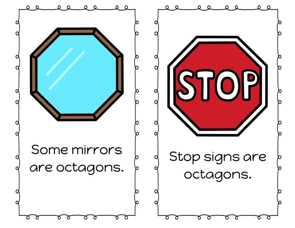 Octagon shape recognition: a framed mirror and a red STOP sign, with sentences stating each one is an octagon