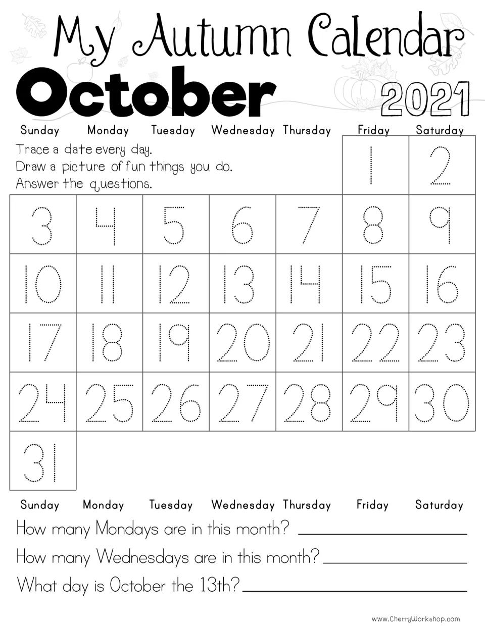 My Autumn Calendar, October 2021: students trace dotted dates 1-31 and answer how many Mondays and Wednesdays
