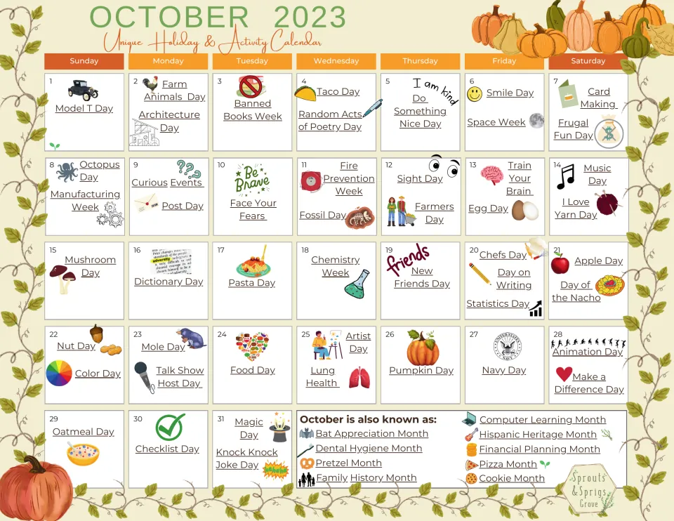 October 2023 unique holiday calendar naming a holiday each day, such as Taco Day and Pasta Day, plus month-long observances