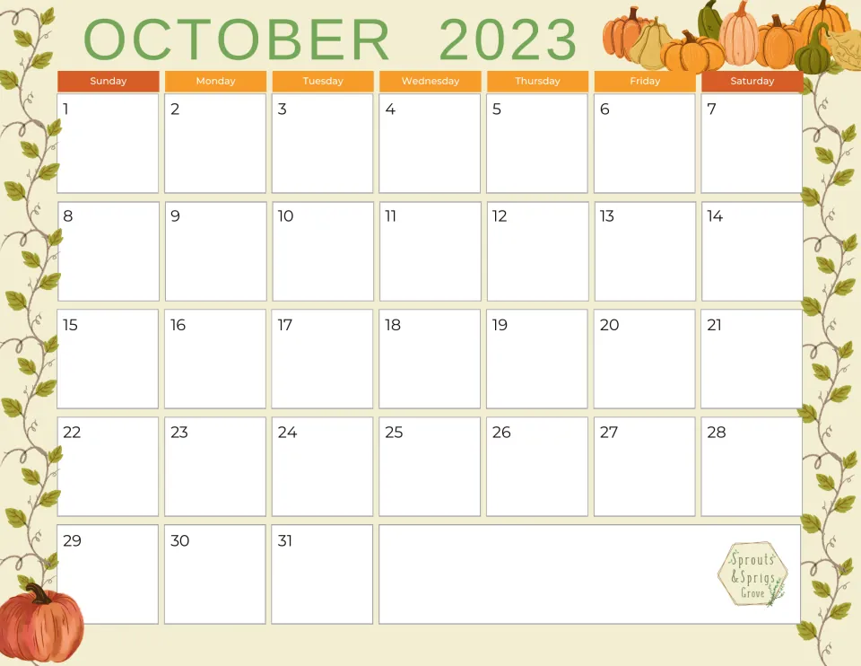 Blank October 2023 calendar with printed dates 1 to 31 under weekday headings, ready for writing in events