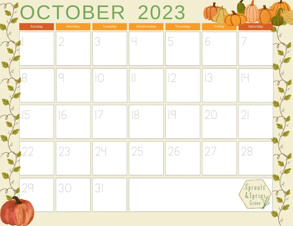 October 2023 calendar with dotted dates 1 to 31 for students to trace, practising number writing while tracking the month