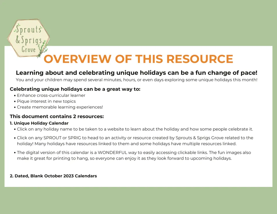 Resource overview explaining the clickable holiday links and listing two parts: holiday calendar and blank dated calendars