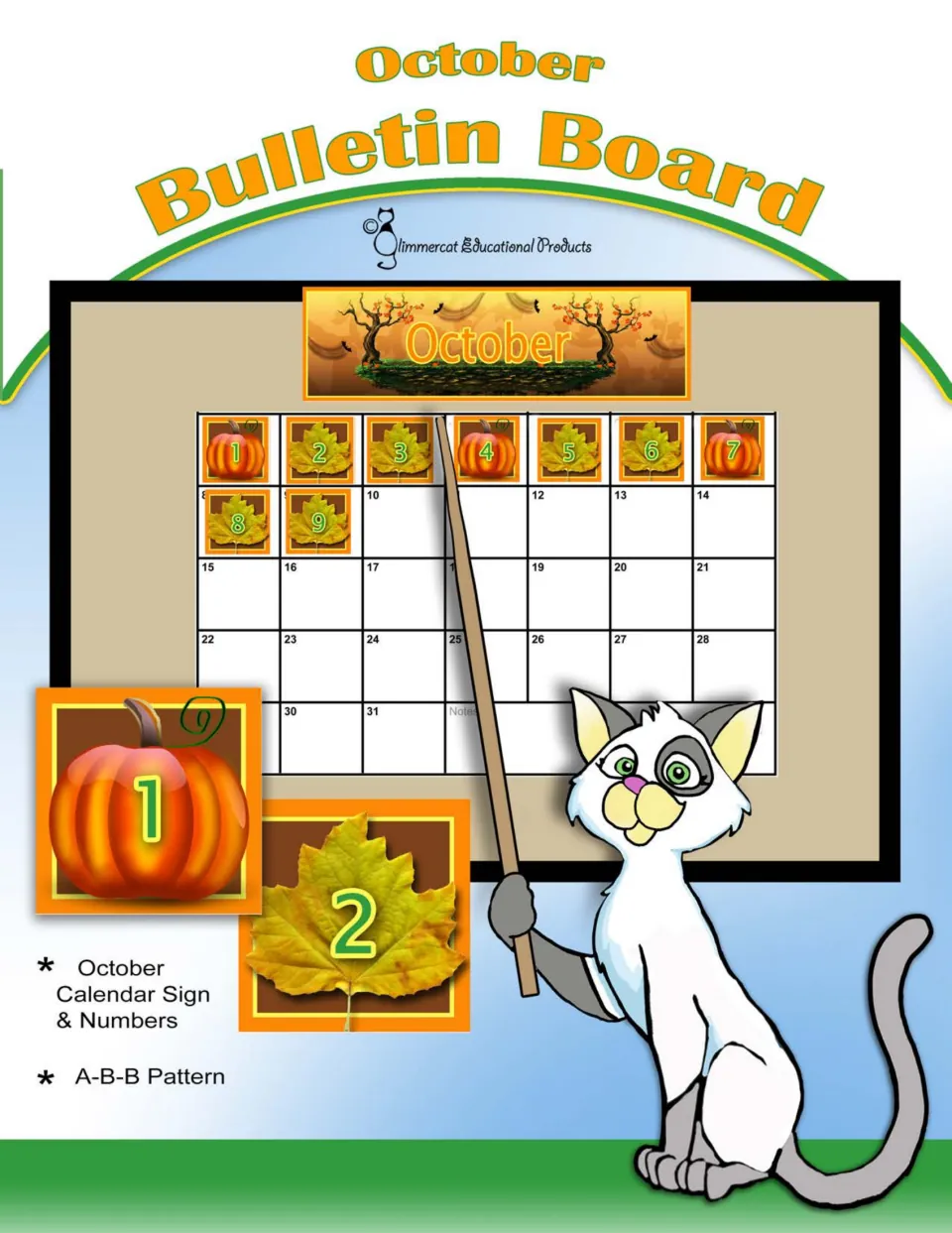 October bulletin board cover: calendar sign and pumpkin and leaf day numbers in an A-B-B pattern, shown on a calendar