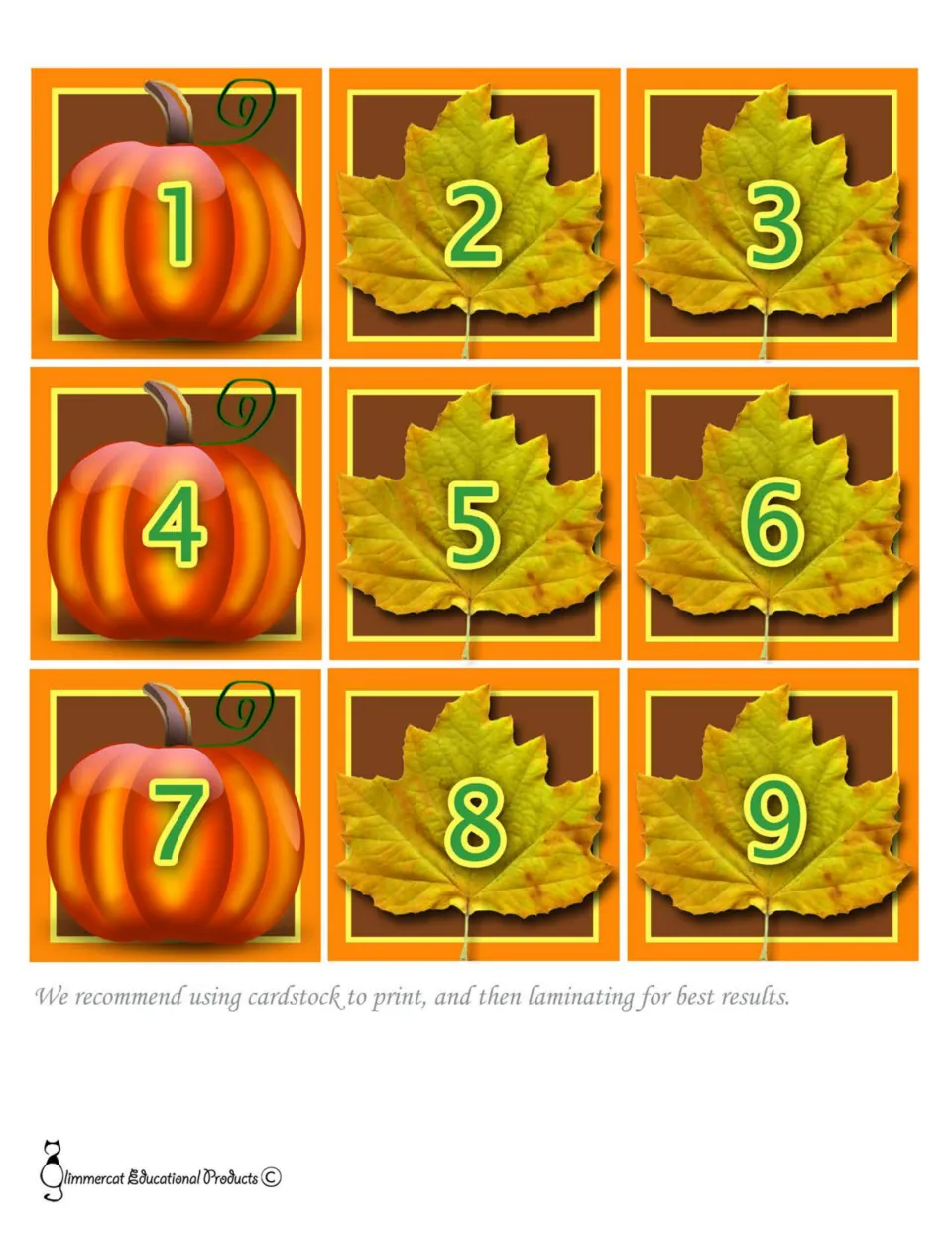 Calendar day cards 1 to 9: pumpkins on 1, 4 and 7 and yellow fall leaves on the rest, repeating the A-B-B pattern