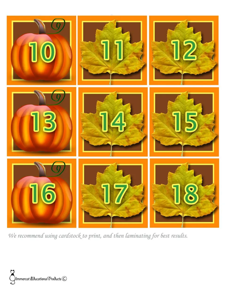 Day cards 10 to 18 with pumpkins on 10, 13 and 16 and leaves between them, continuing the pumpkin-leaf-leaf pattern