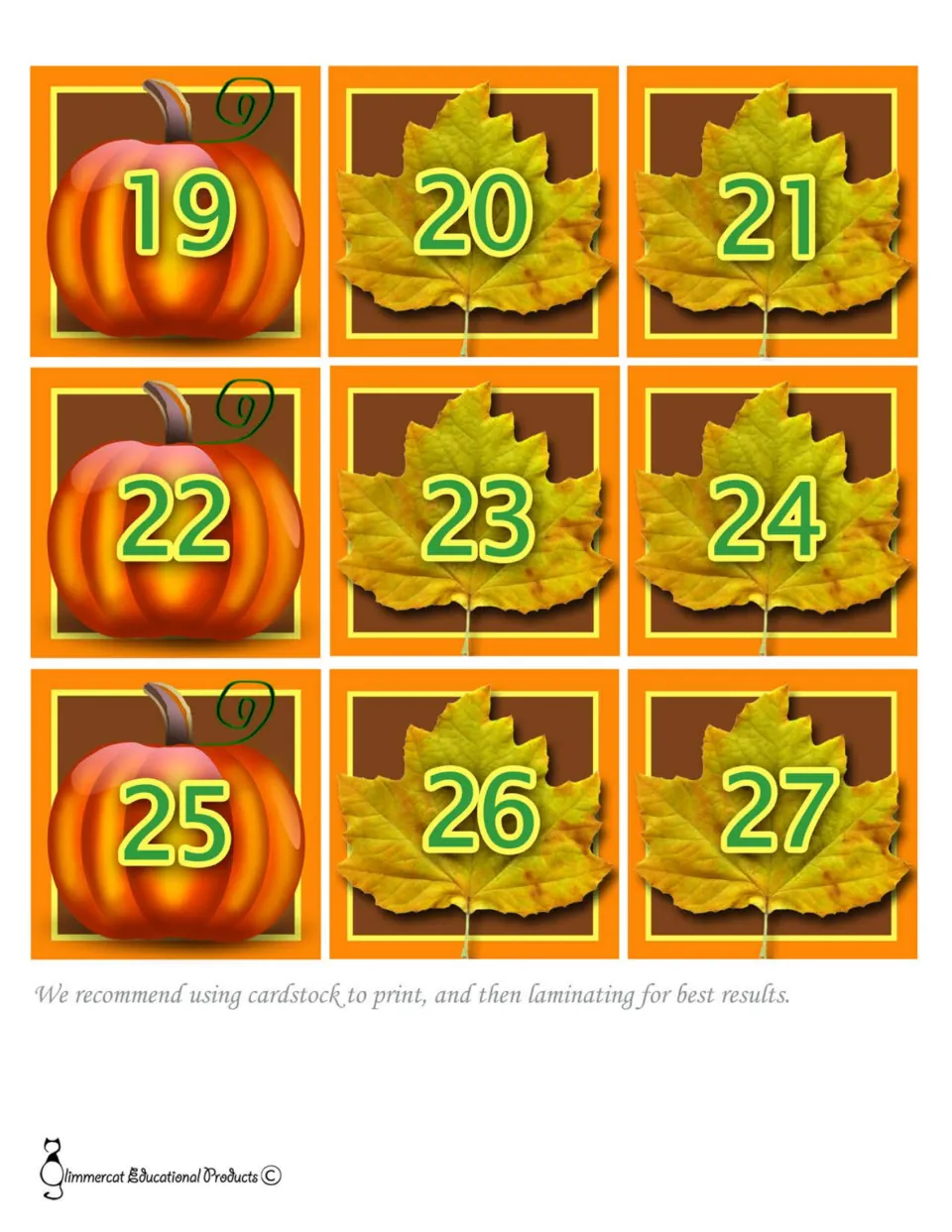 Calendar day cards 19 to 27: pumpkins mark 19, 22 and 25 while fall leaves hold the other numbers in the A-B-B sequence