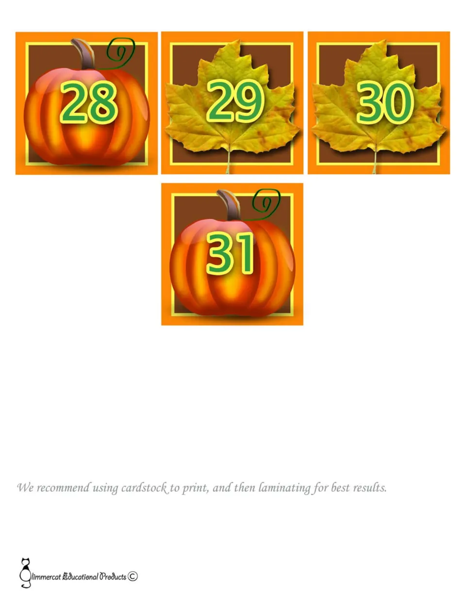 Final October day cards: pumpkins numbered 28 and 31 and fall leaves numbered 29 and 30 to finish the month's pattern